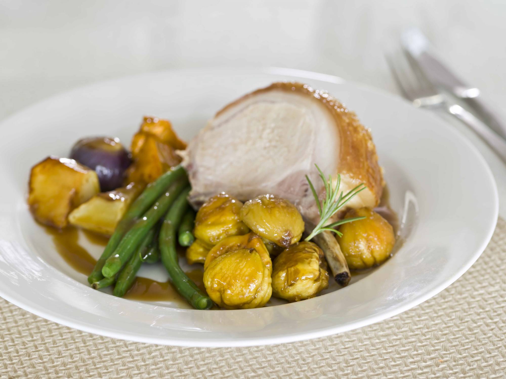 Roasted Pork Loin with Chestnuts and Veg
