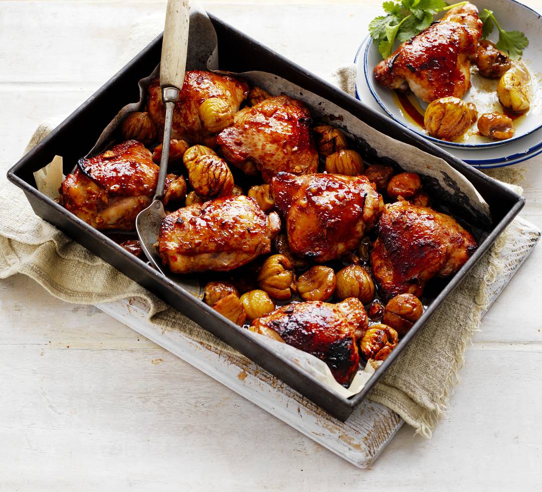 Roasted Asian-style chicken with chestnuts