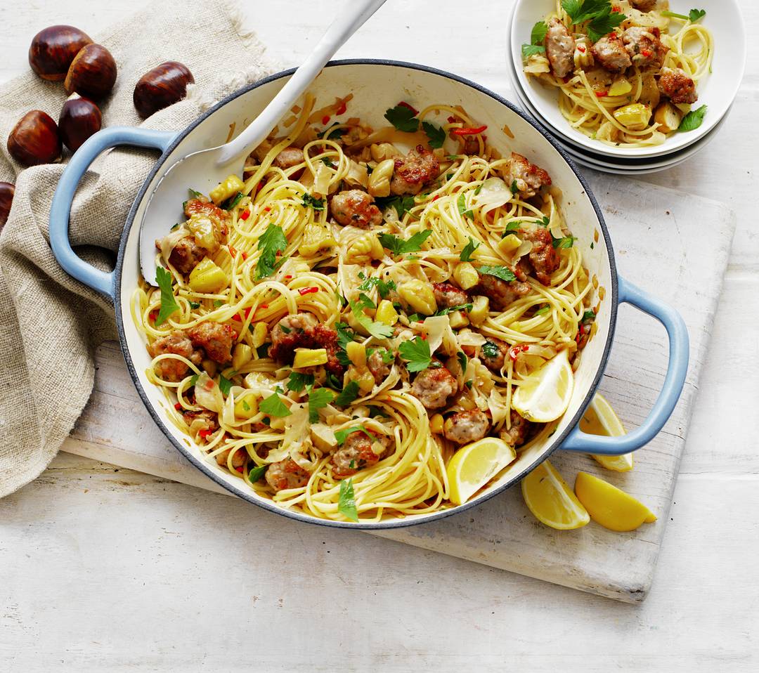 Chestnut, Italian sausage & fennel spaghetti