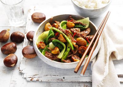 Chestnut, beef & bok choy stir-fry