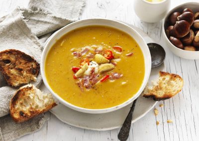 Spicy chestnut, pumpkin & pancetta soup